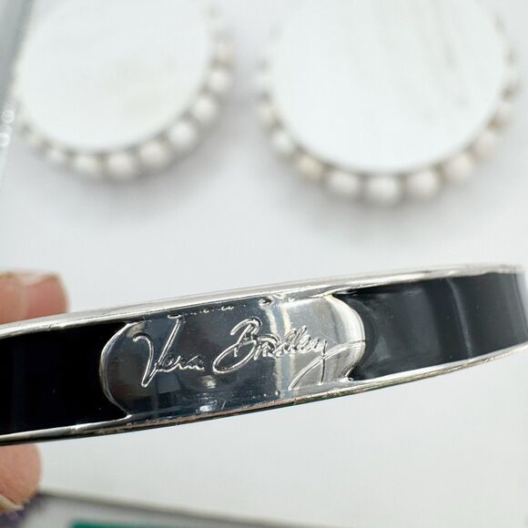Vera Bradley Women's Silver Tone Black Enamel Narrow Bangle Bracelet - Picture 8 of 9